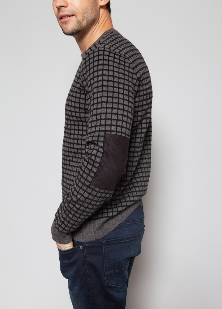 Half Merino Wool / Cotton Intarsia Knit Sweater , Small Check Men'S Polo Pullover Sweater