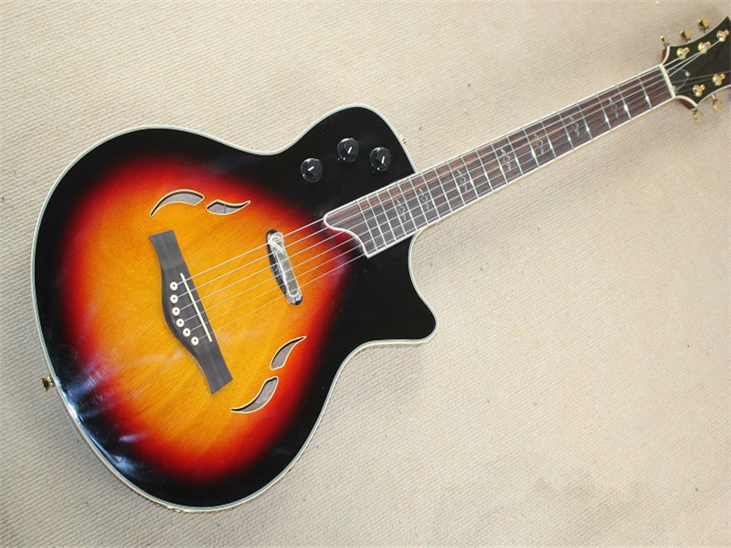 Wholsale Factory custom 21frets classic semi-hollow tobacco sunburst folk acoustic guitar with bird inlay