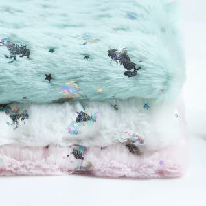 China Recycled SHAOXING Factory Supplier Bunny Hair Foil Fabric Two-Color Unicorn Pattern Super Soft Plush Fleece Fabric factory