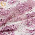 Wedding Dress Pink Heavy Beaded Lace Fabric Customized 20% Polyester