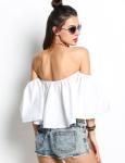 ladies tops latest design Women Off Shoulder Flare Sleeve Ruffles Solid Crop