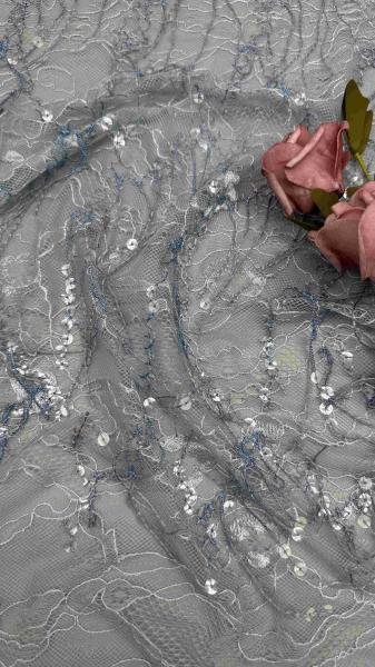 45 Inch High Quality Blue Color Floral 3D Sequin Tassels Embroidery Lace