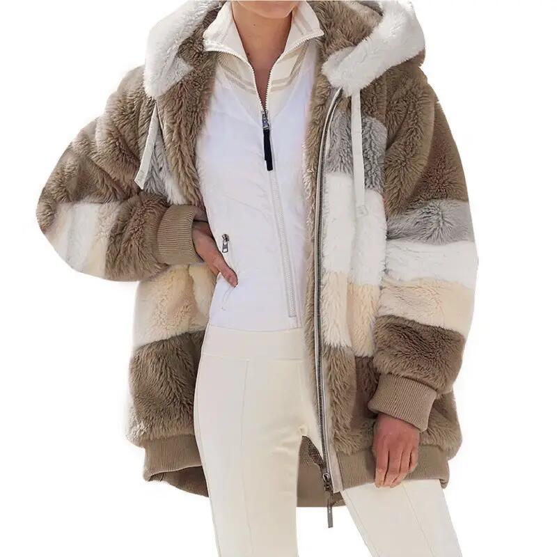 Winter Warm Women&prime;s Jacket Plush Patchwork Zipper Women&prime;s Coats Casual Hooded Loose Jacket for Women