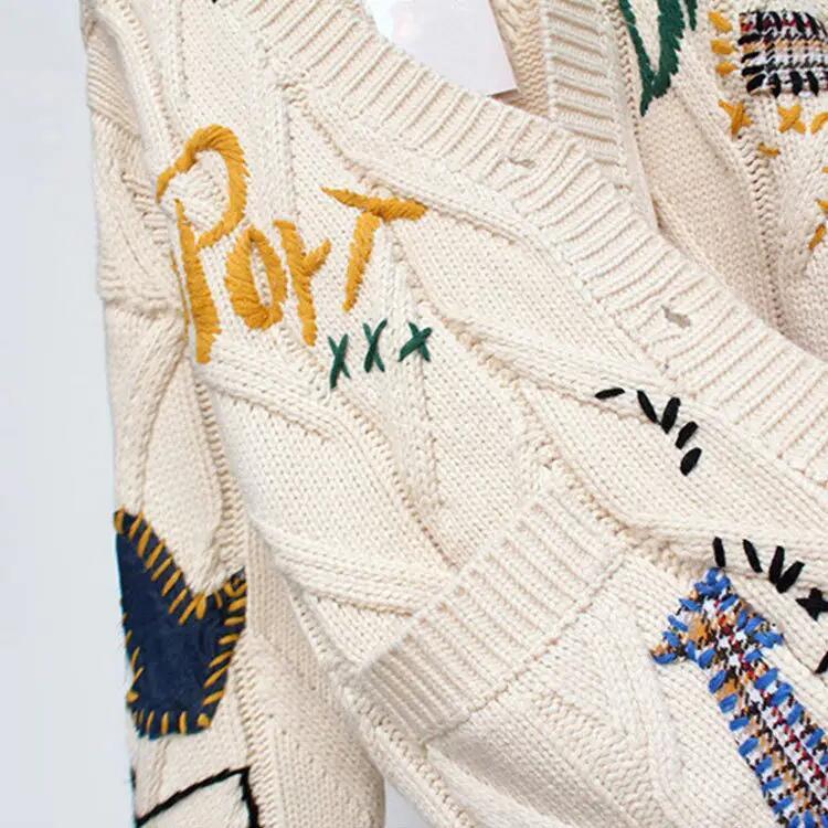 Designer Women Chunky Sweater Cardigan Autumn Winter Drop Shoulder Button Front Embroidery Loose Knit Cardigan Sweater Coat
