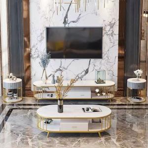 China Marble Oval Hotel Room Cabinets Hollowed Out Metal TV End Table Media Cabinet factory