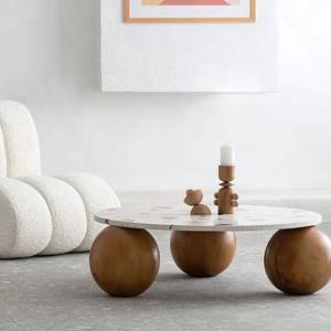 China Round Marble Topped Pedestal Coffee Table Marble Plate Wooden Ball Base factory