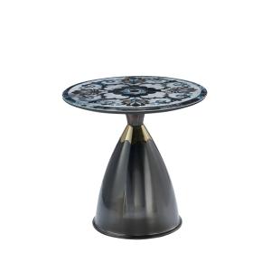 China Modern light luxury round living room black marble look glass top metal base corner tables side table factory