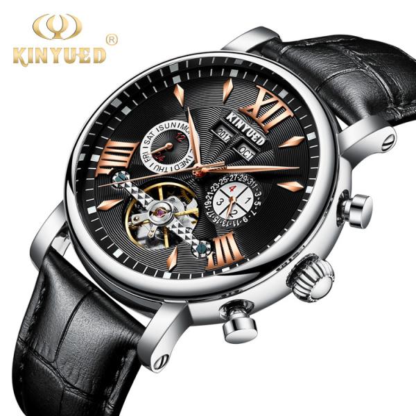 KINYUED J017-2 Silver Case Leather Strap Complete Calendar Skeleton Automatic