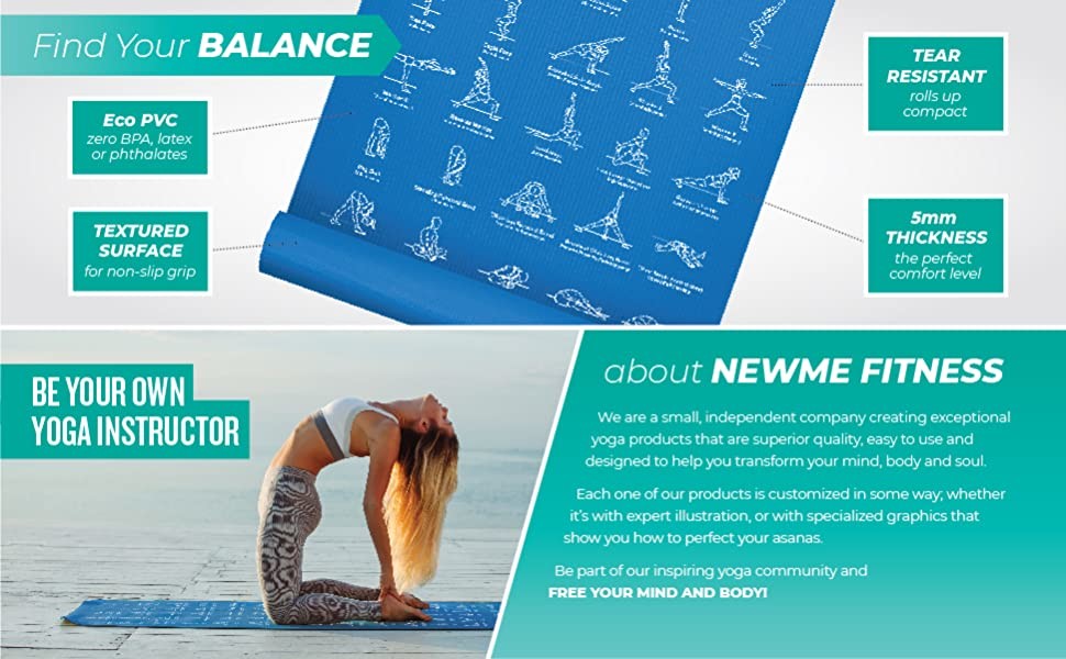 24" X 68" Instructional Non Slip Eco Friendly 70 Printed Poses Yoga Mat for Men and Women