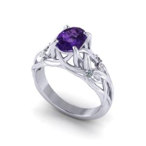 China Floral Amethyst Ring In 14k White Gold, 6x8mm Amethyst, Diamond .06cttw factory