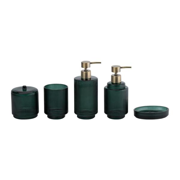 Glass Bathroom Accessories Set Green Color Round Shape With Ribbed Vertical