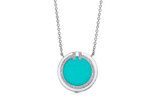 China 18k White Gold Diamond And Turquoise Circle Pendant with 16-18inch Chain factory