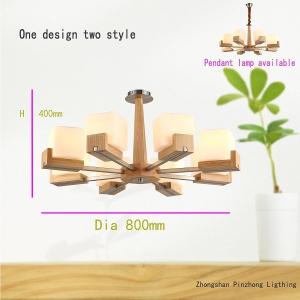 China 8 arms Oak wood ceiling lamp wood chandelier lighting with glass shade chrome finishing factory