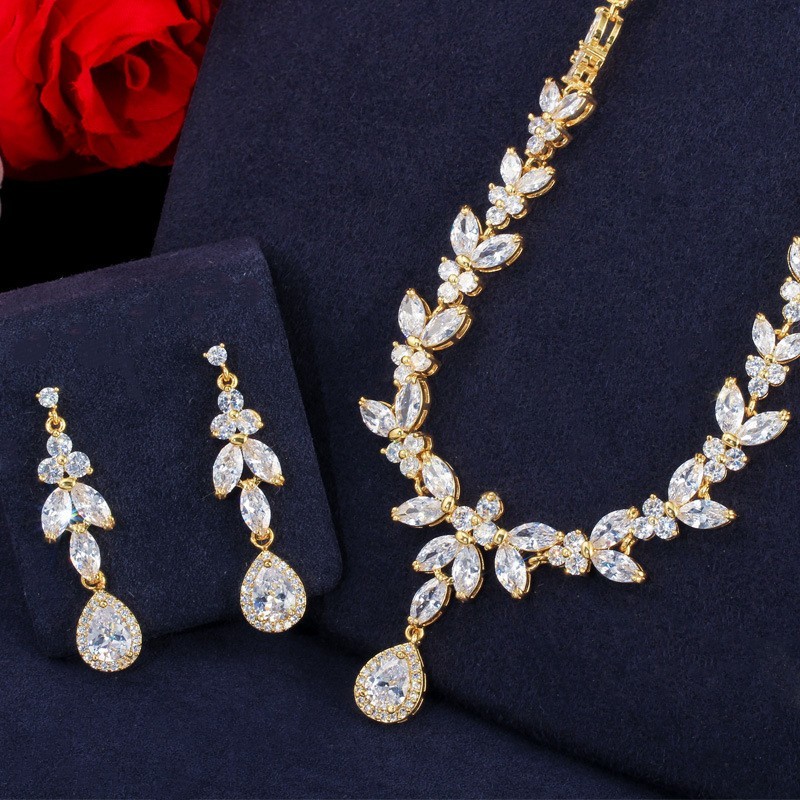 Silver Necklace Jewelry Set Necklace Earrings Jewelry Dainty Bridal Cz Waterdrop Wedding Ring Jewelry Set