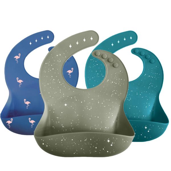 China LFGB Printed Pattern Silicone Catcher Bib Personalized Silicone Bib With Pocket factory