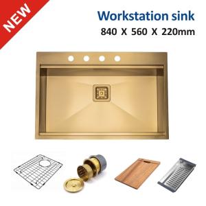 China 33 Inch Workstation Sink , 84x56 Stainless Steel Topmount Sink Glod Drop In factory