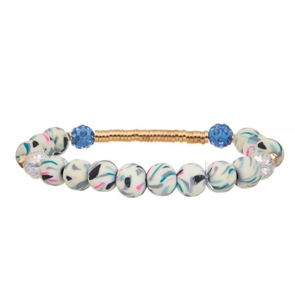 Zebra Stripe Silica Beads Gold Metal Bar Handmade Stretchy Bracelet Set Mulit