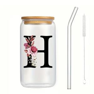 China Exquisite Customized Logo 16oz Sublimation Glass Water Bottle Clear Floral Letters Coke Can Glass Cups With Bamboo Lid And Straw 8*15cm factory
