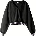 Fashion Women'S Drop Shoulder Sweatshirt , V Neck Crop Top Pullover Red Black