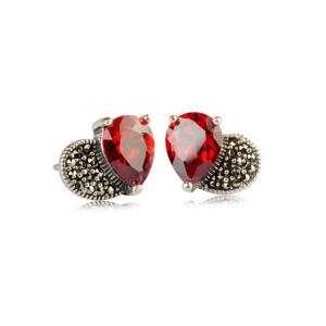 China 925 Silver Red Cubic Zirconia and Marcasite Heart Stud Earrings (E11067) factory