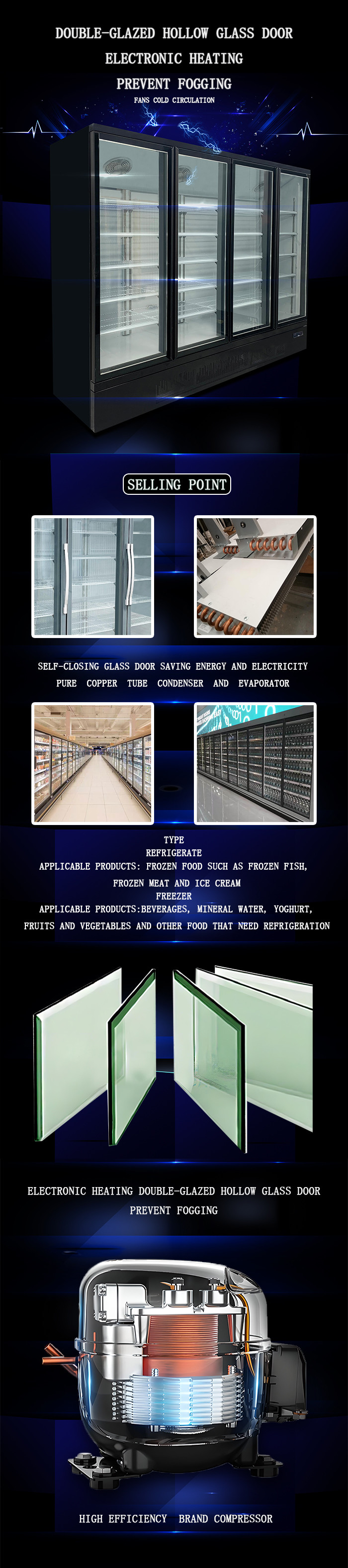 1700L Glass Door Display Freezer , LED Glass Front Drink Fridge 2m Height