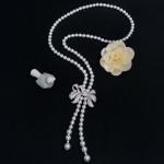 Women White 8mm Shell Pearl Starnds Tassel Necklace with Cubic Zirconia Bow