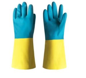 China Blue Yellow Neoprene Bicolor Industrial Glove Industrial Use Chemical Resistant factory