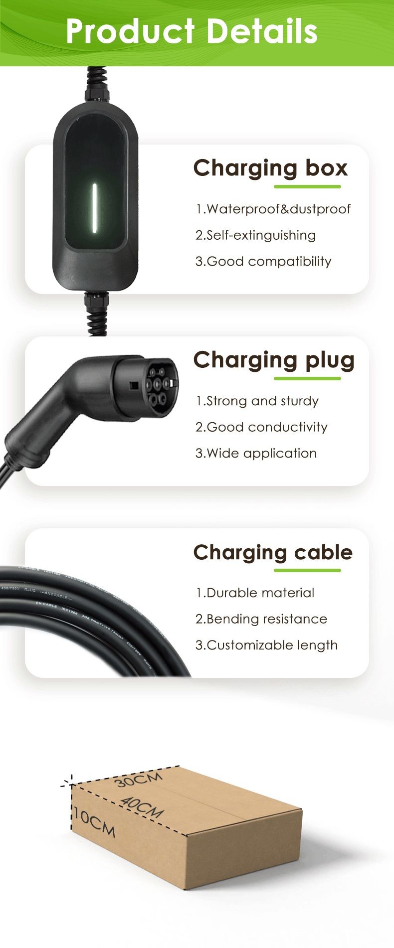 EVCOME Portable Electric Car Charger (220V 7KW MAX 32A Ajutable ) 5M Or Customized Cable With OEM ODM