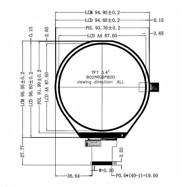 Custom 3.4 Inch Round LCD Screen 480×272 Pixels TFT Color LCD Display For Smartwatches