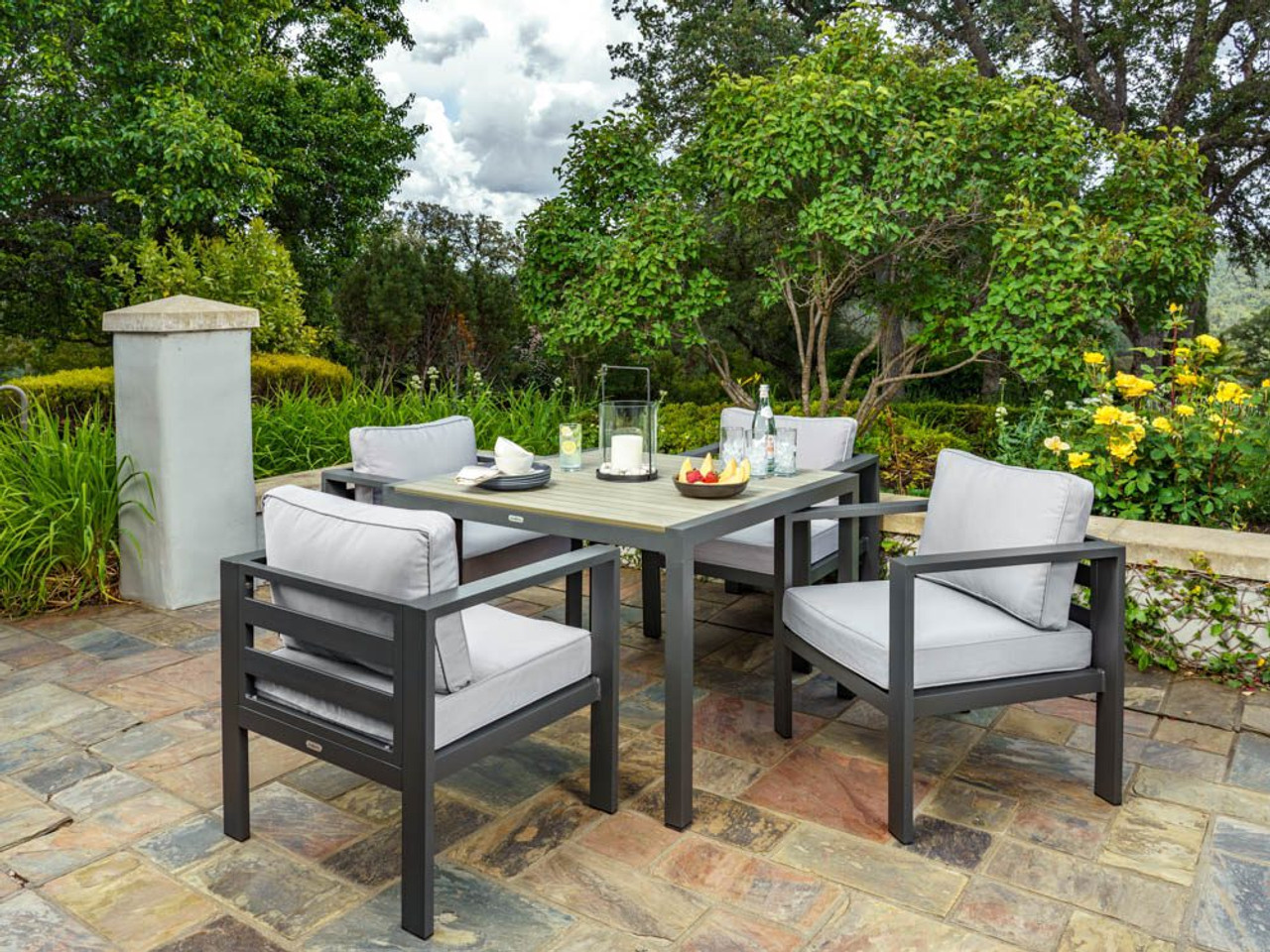 27.5" L x 25.5" W 26" H Aluminum Dining Set with Poly Lumber Tabletop and Umbrella Hole