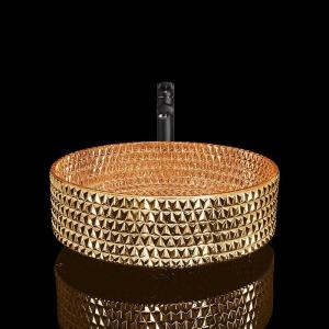 China Vanity Round Bathroom Basin Chromed Gold Diamond Shape Crystal Glass factory