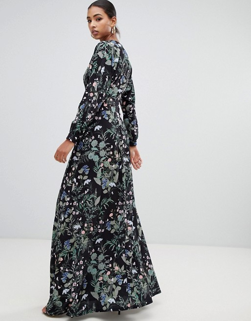 custom made hot sale tie waist maxi dress with side split in dark floral