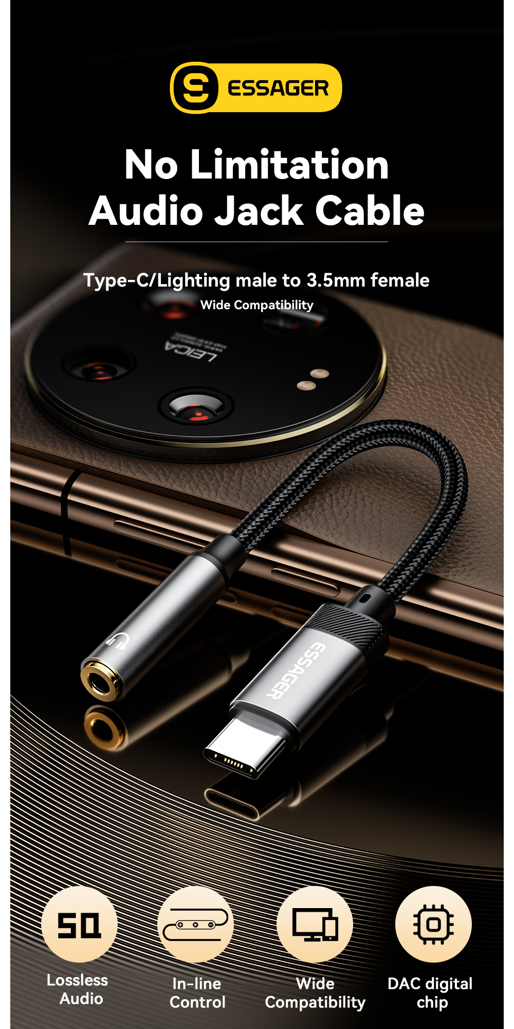 USB C Lightning To 3.5mm Aux Cable OTG Adapters for Mobile Phones and Tablets