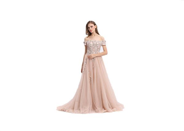 Off The Shoulder Long Bridesmaid Dresses , Pink Lace Beaded Modern Bridesmaid