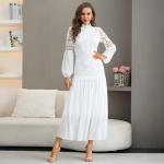 High Neck Ladies Lace Dresses Balloon Long Sleeve Lace Up Dress With Elastic