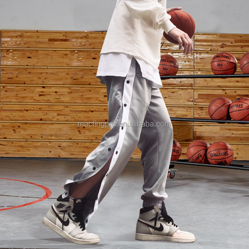 Custom Men's Side Buttons Striped Basketball Training Polyester Open Leg Sweatpants