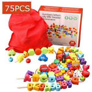 China 75Pcs Wooden Urban Traffic Number Letter Beaded Rope Game Stringing Threading factory