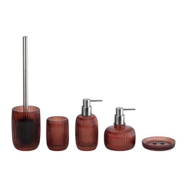 Glass Bathroom Accessories Set Red Color Round Shape With Ribbed Vertical Stripe
