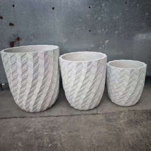 Herringbone Pattern White Round Fiber Clay Planter Frame Entrances