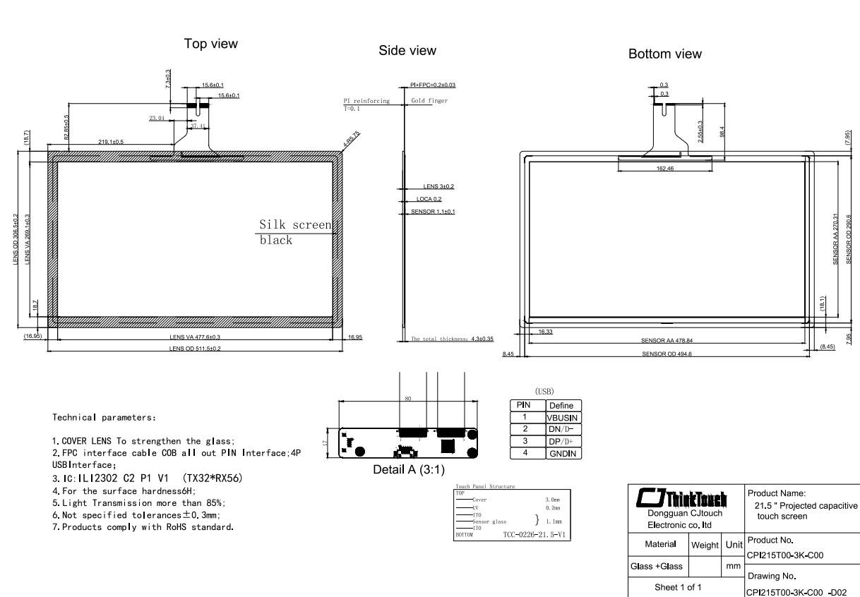 USB Interface 16: 9 PCAP Touch Screen 21.5 Inches For POS Terminals