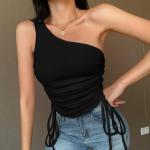 Side Adjust String Rib Knit Women Crop Top , One Side Off Shoulder Crop Top