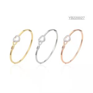 China Birthday Gift Gold Bracelets Solid Adjustable Size Rhinestone Love Heart bangles factory