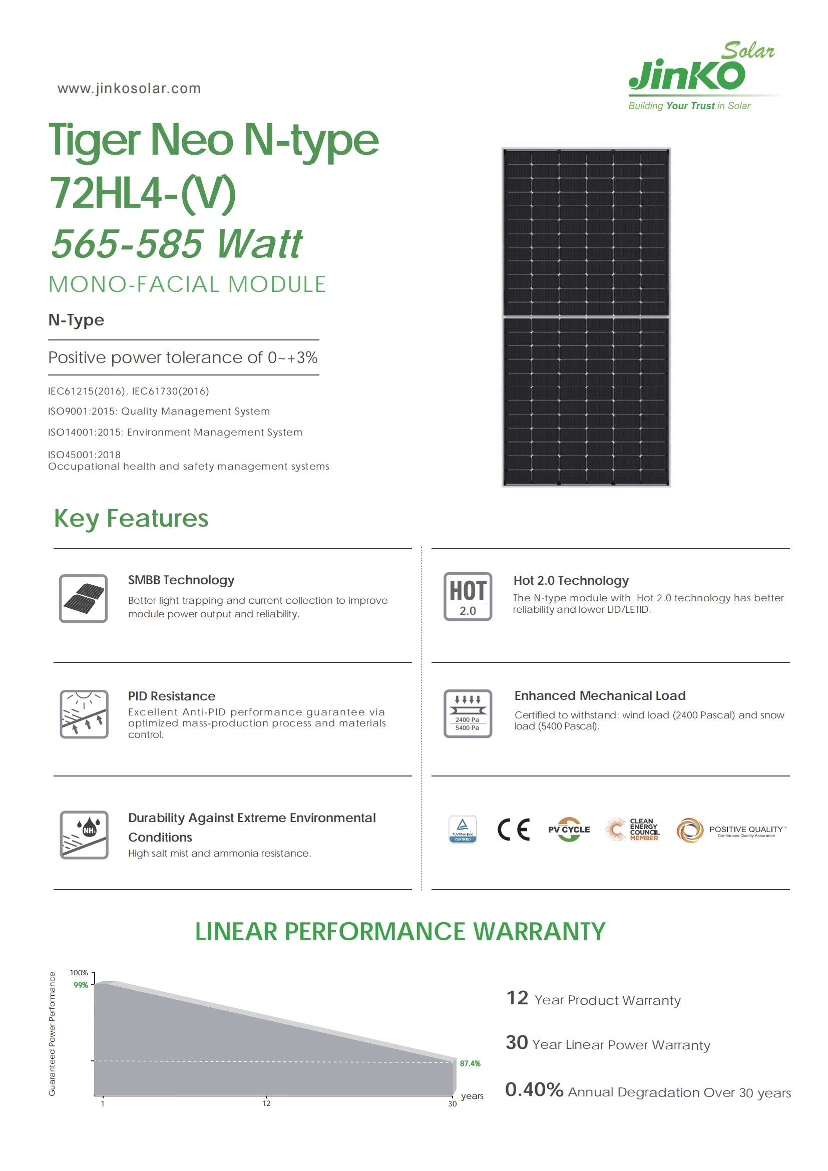 565-585 Watt JinKo PV Modules 570W Jinko Solar Tiger Mono Facial
