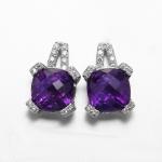 2.18g Sterling Silver Gemstone Stud Earrings Cushion White Gold Amethyst