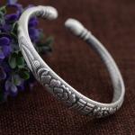 Women Sterling Silver Cuff Bracelet Engraved Fowers Blessings Retro Bangle