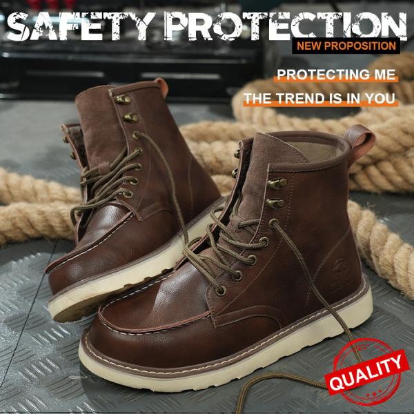 Brown Cowhide Rubber Sole Security Safety Boots Steel Toe Anti Smashing Kevlar