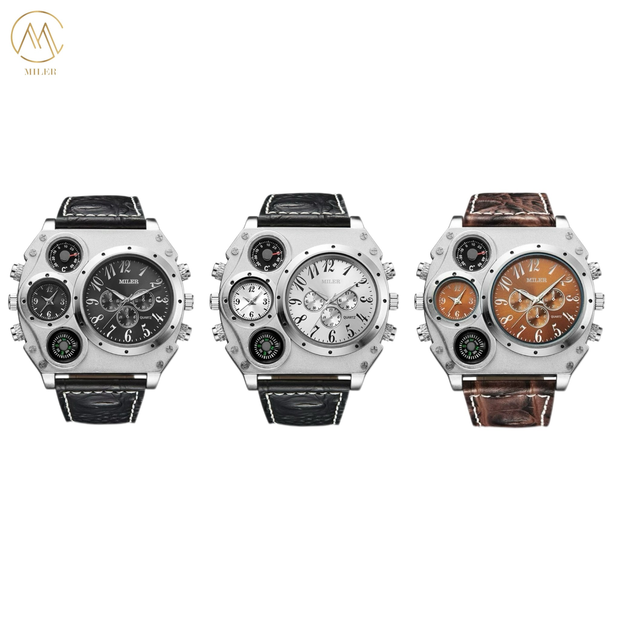 Men Quartz Dual Time Big Face Compass Watch Leather Strap Watch