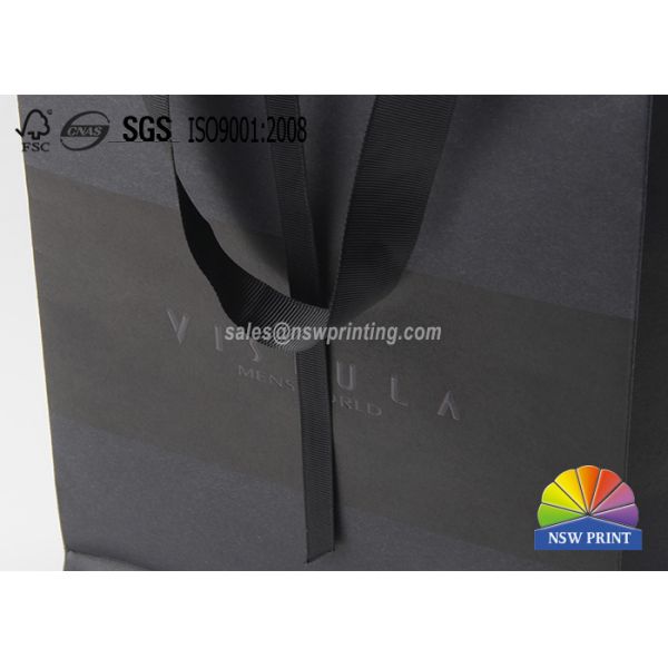 New Design Luxury Spot UV-coating Logo Black Cardboard Paper Bag With Ribbon Handle
