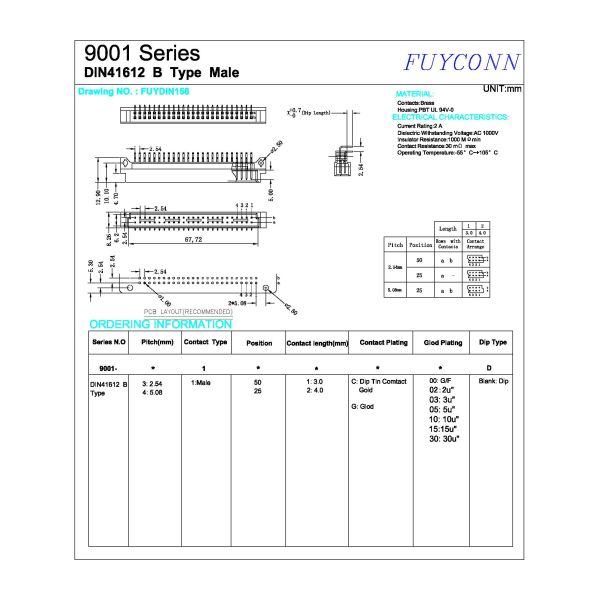 2 Rows 50 Pin Male Connector 2.54mm Pitch , PCB DIN41612 Connector