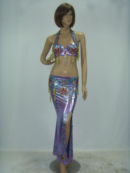 Elegant 2 Pcs Belly Dancing Clothes Halter Neck Metallic Bra Top Floor Length